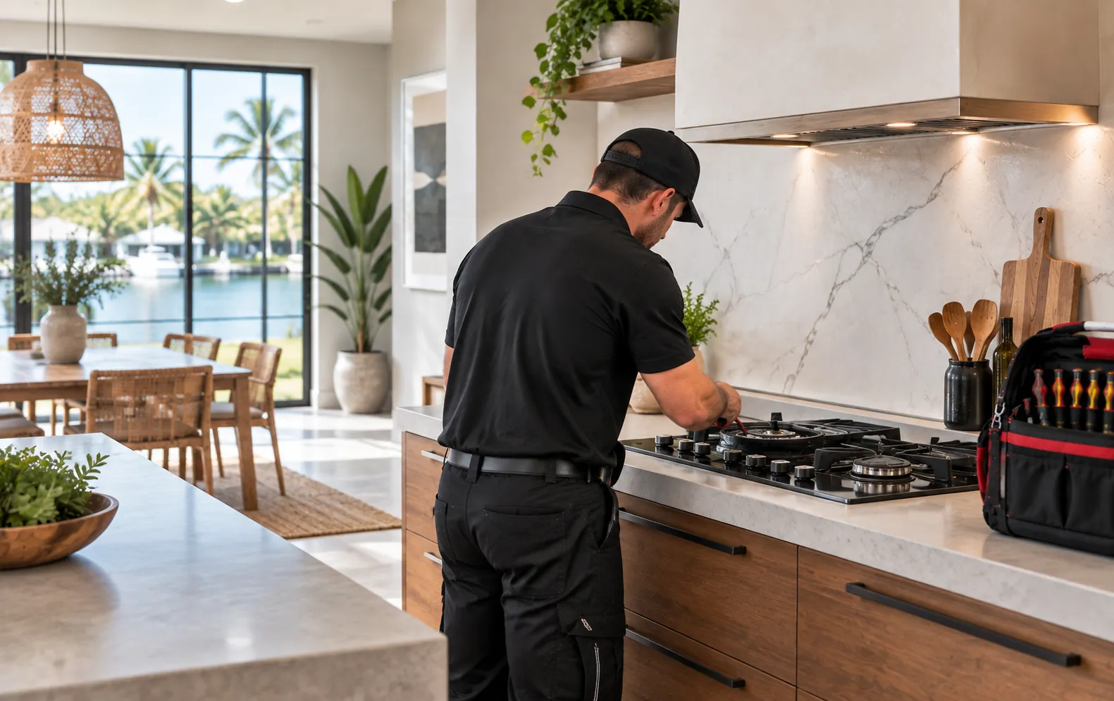 Photograph of an All Hours Appliance Repair technician in a black uniform working on a gas cooktop set into a kitchen island in a bright coastal kitchen, with burner grates removed and tools at hand.
