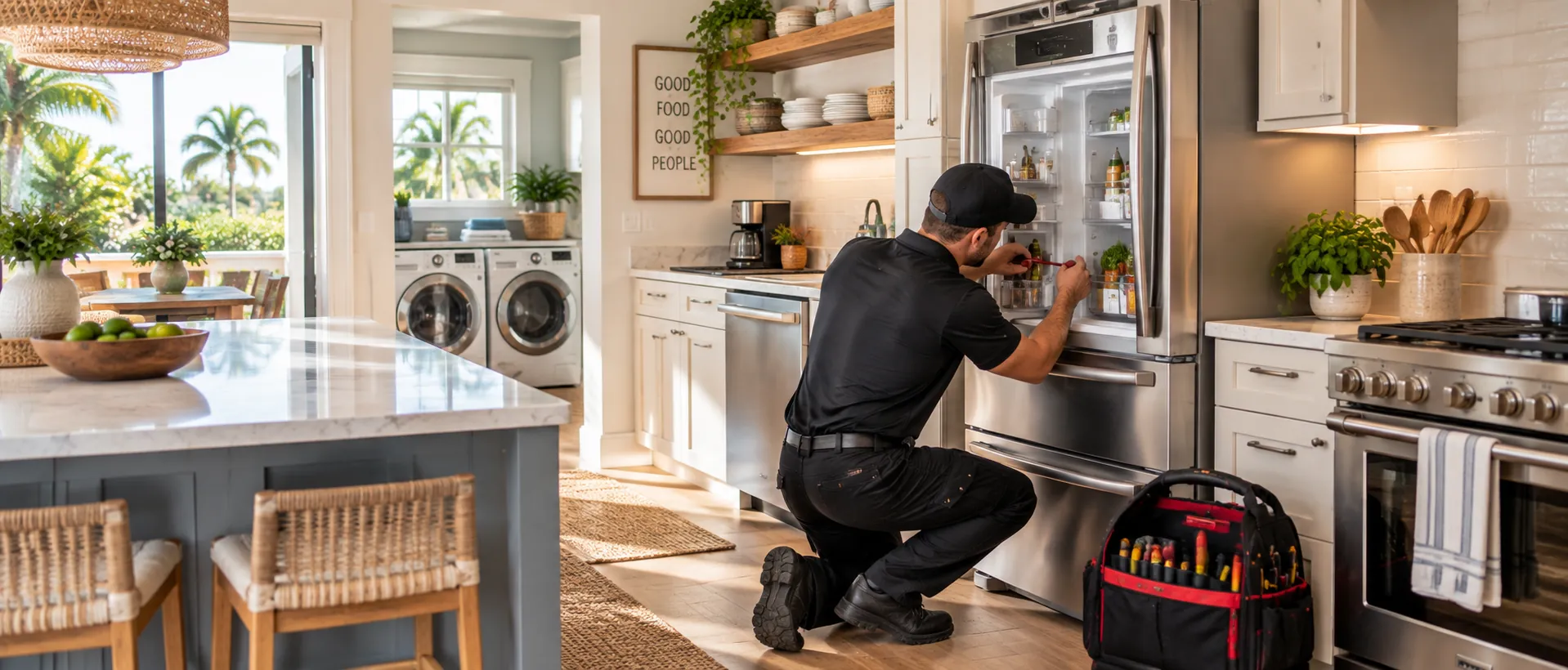 Photograph of an All Hours Appliance Repair technician in a black uniform working at an open stainless steel refrigerator in a bright coastal kitchen while the homeowner looks on.