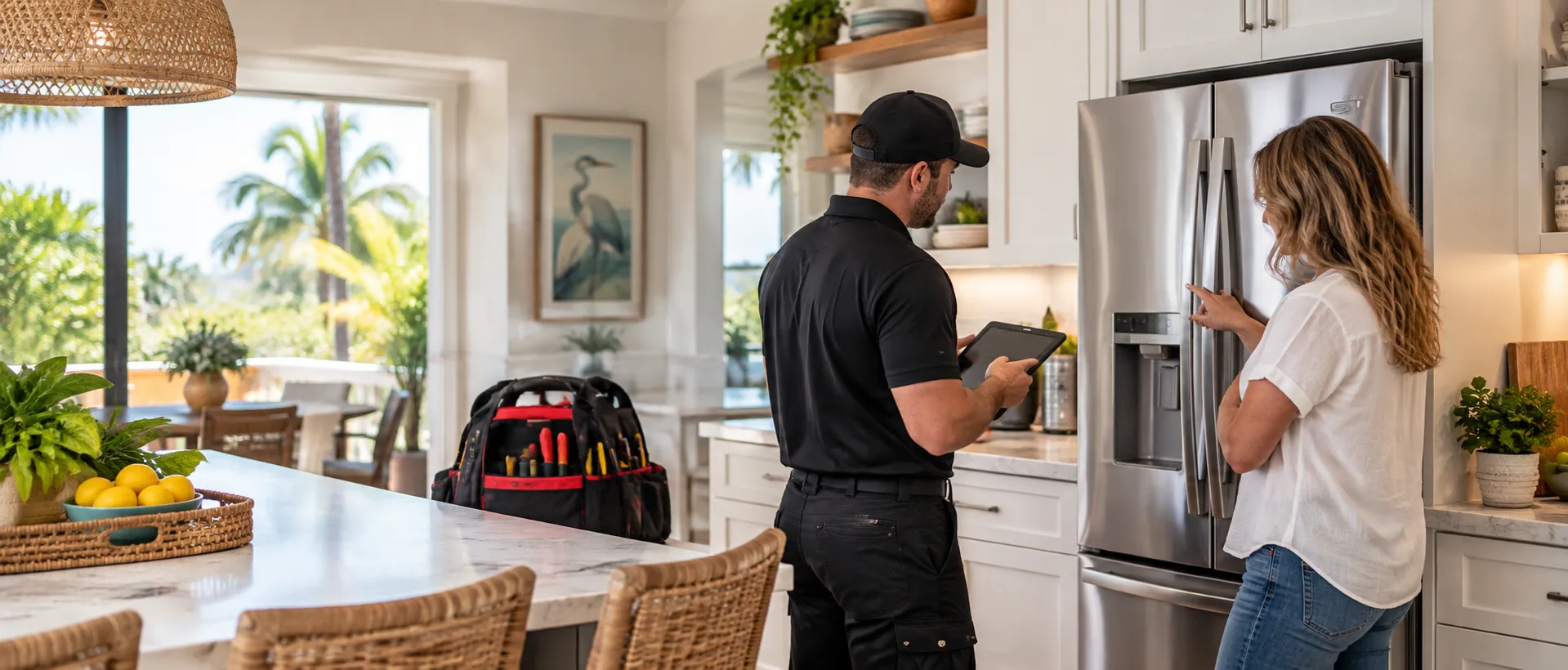 Photograph of an All Hours Appliance Repair technician in a black uniform holding a tablet while a homeowner points to her stainless steel refrigerator in a bright coastal kitchen, shown subtly behind the online service request form.