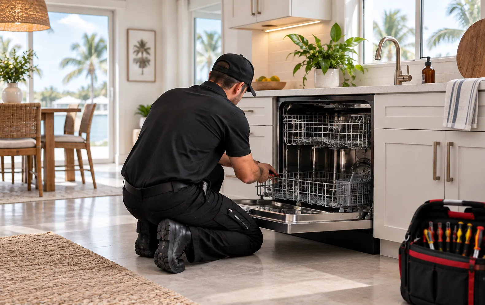 Photograph of an All Hours Appliance Repair technician in a black uniform and cap kneeling in a bright coastal kitchen in front of an open built-in dishwasher, with the lower rack pulled out and a tool bag beside him.