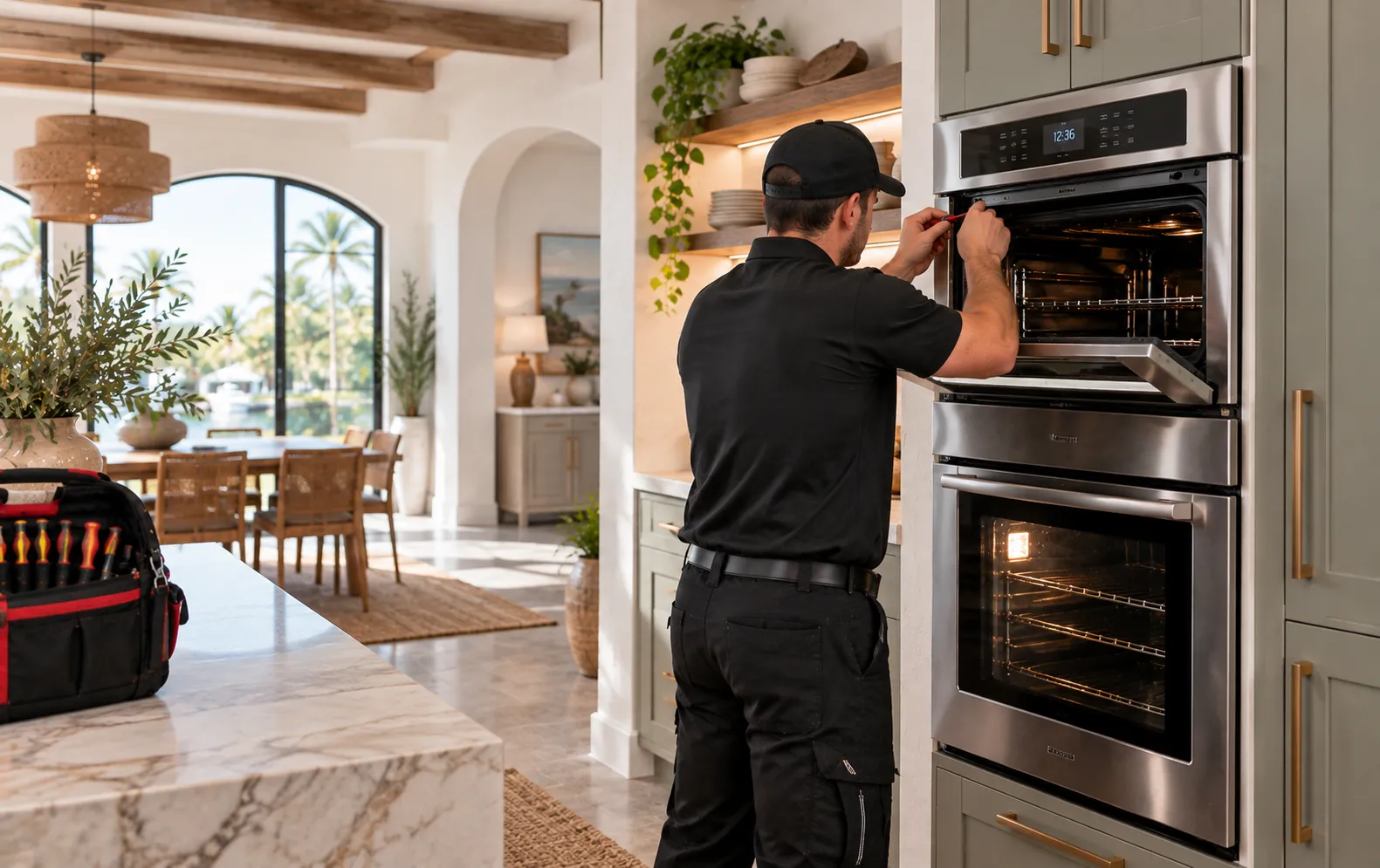 Photograph of an All Hours Appliance Repair technician in a black uniform working on a built-in stainless steel wall oven in an upscale kitchen, with the oven door open and tools laid out below.