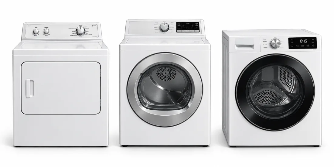 Three white clothes dryers: a traditional front-door dryer and two modern front-loading styles.