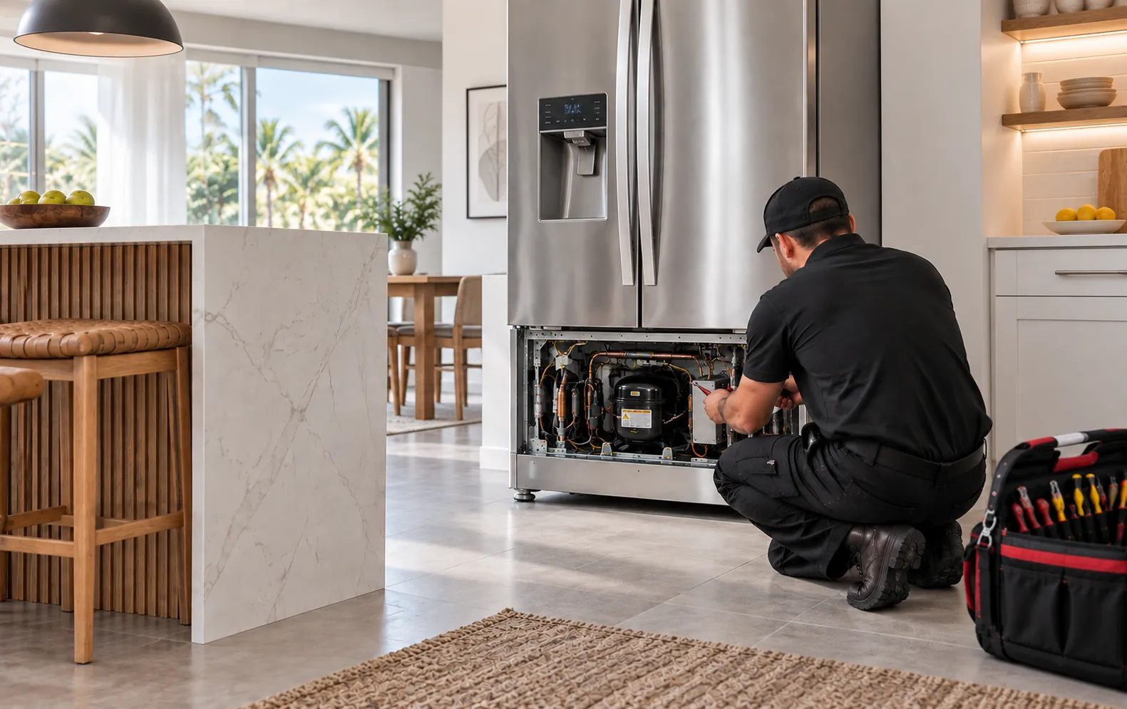Photograph of an All Hours Appliance Repair technician kneeling at an open stainless steel refrigerator in a bright coastal kitchen, examining the lower compartment with tools at hand.