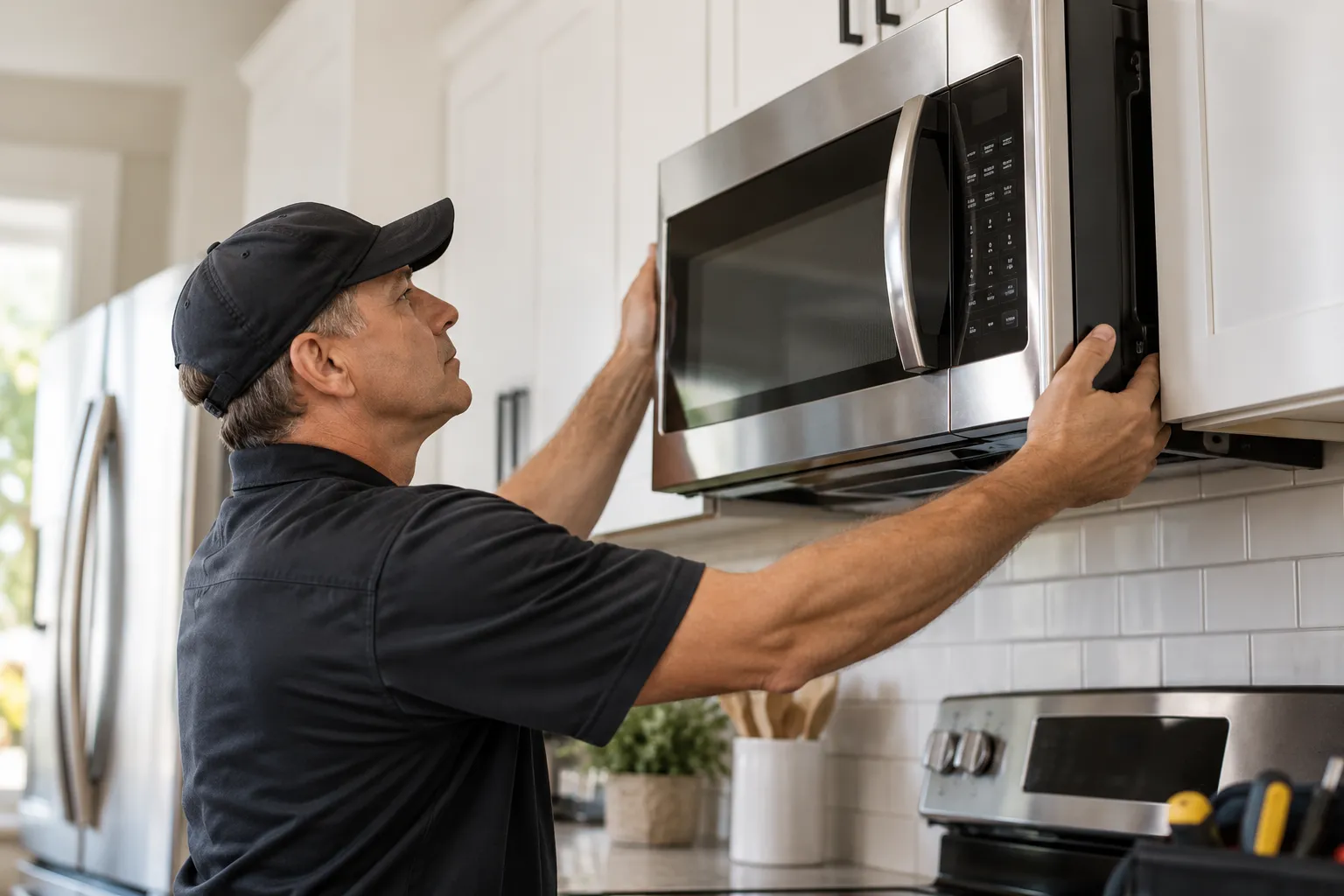A technician in a black uniform positioning a stainless steel over-the-range microwave in a bright kitchen.