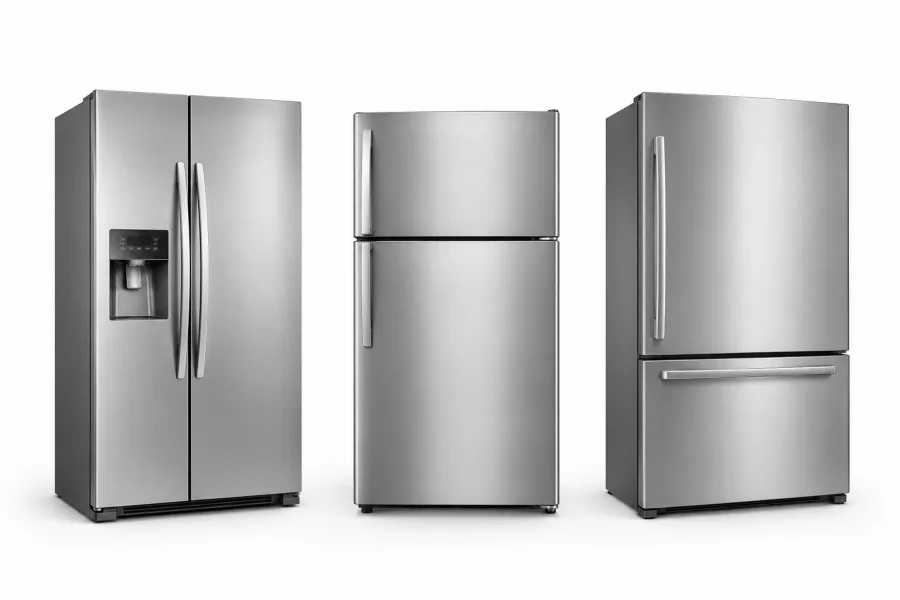 Three stainless steel refrigerators: side-by-side, top-freezer, and French-door styles.