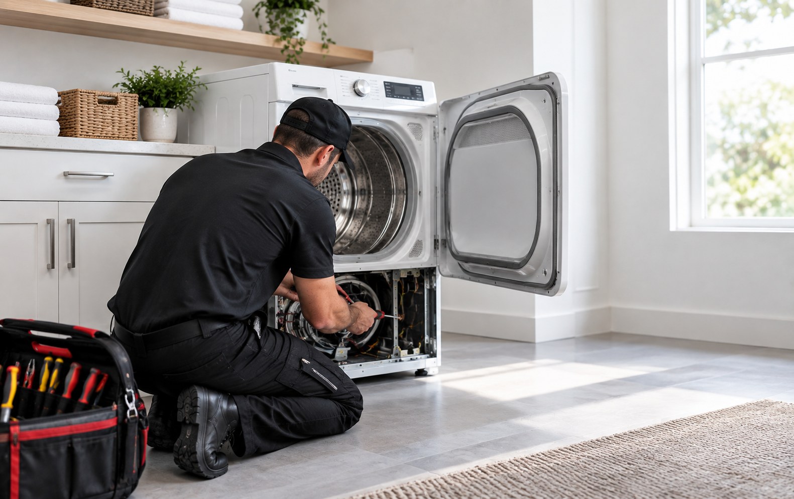 Photograph of an All Hours Appliance Repair technician in a black uniform working at an open clothes dryer in a bright home laundry room, checking inside the drum with tools nearby.