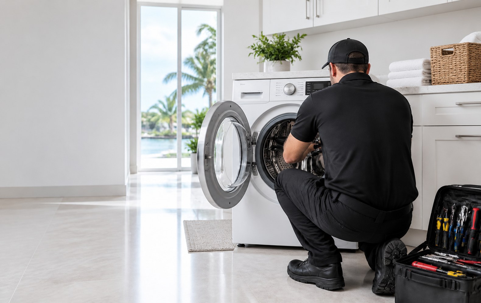 Photograph of an All Hours Appliance Repair technician in a black uniform kneeling beside an open washing machine in a bright home laundry room, using hand tools to diagnose the problem.